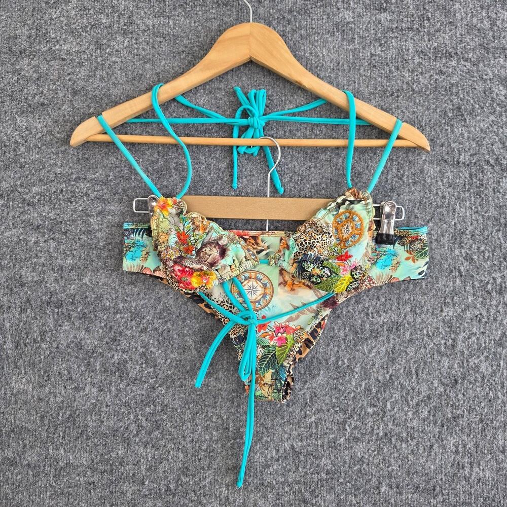 Agua Bendita Bikini Set Large Tropical Animal Print Top Bottom Beaded Resort